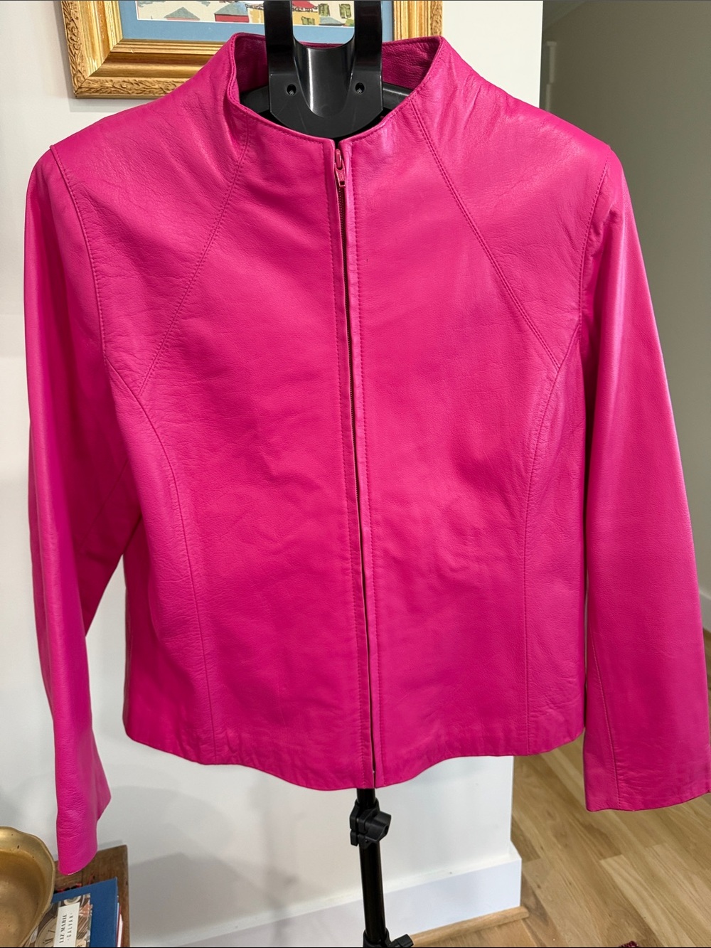 Streamlined Hot Pink Lambs  Leather Zip Jacket — Women's